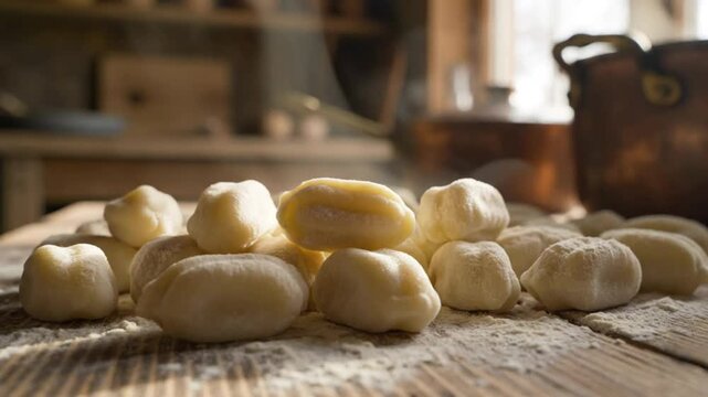 Close up shot of fresh gnocchi resting on a wooden table covered in flour with a copper pot and shelves in the background