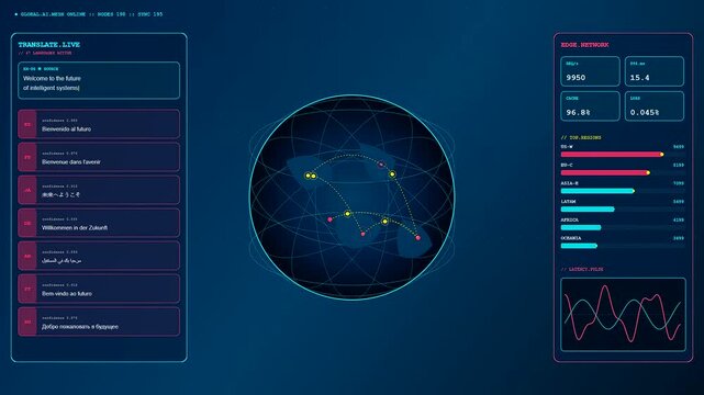 A complex AI integration process flows across multiple digital screens as data visualization nodes connect globally within a futuristic dark blue synthetic network computing environment