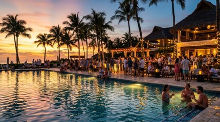 Obraz premium Elegant tropical hotel pool during sunset hour