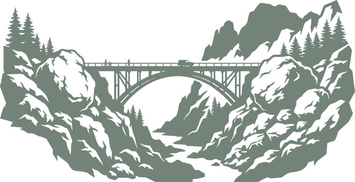 Mountain road bridge with a car crossing a rocky river canyon