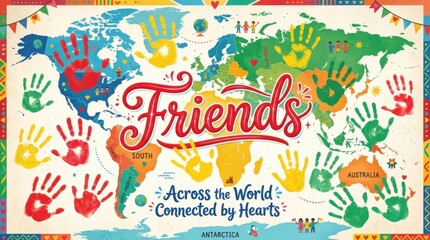 Fototapeta premium Friends around the world colorful handprint illustration