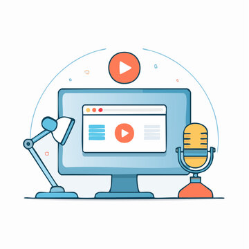 Computer setup for content creation with microphone and lamp