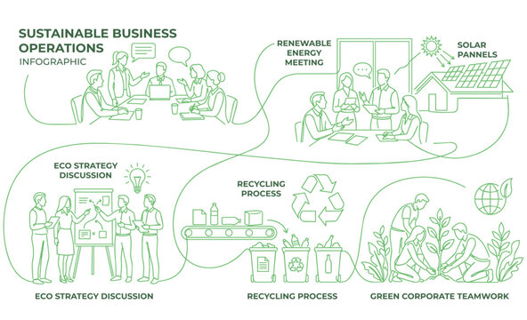 Minimal continuous line art illustration of a sustainable business workflow featuring renewable energy discussion, solar panels, recycling process and eco corporate teamwork in modern blue vector styl