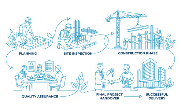 Minimal corporate construction project management workflow illustration in continuous single line art style featuring architect reviewing blueprint, engineer inspection, crane construction process, qu