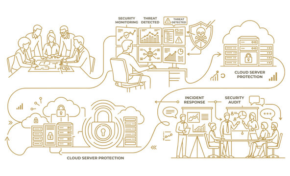 Minimal continuous line art illustration of a cybersecurity workflow featuring IT specialist monitoring security dashboard, cloud protection, digital lock and secure team collaboration in modern blue 