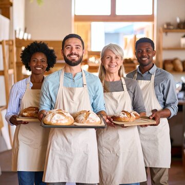 Proud diverse bakers showcase fresh artisanal bread in a cozy bakery. Perfect for small business, teamwork, and culinary themes, capturing the warmth of communityfocused entrepreneurship.