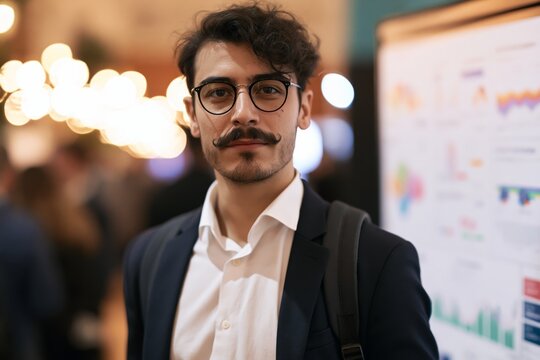 Confident Professional at Conference with Data Display. 20s hispanic man stands in front of a board with a lot of numbers on it. He is wearing a suit and glasses