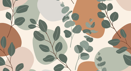 Seamless pattern with eucalyptus leaves and abstract shapes in earthy tones. © Rani