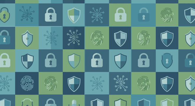 Seamless pattern of shield and lock icons symbolizing security and protection.