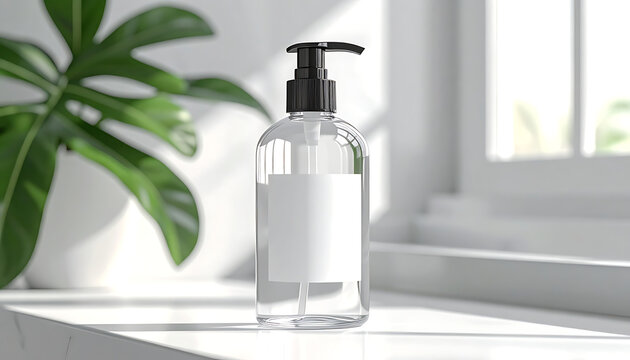 Clear pump bottle with blank label and black dispenser on a windowsill with green plant and soft window light, mockup for cosmetic or hygiene product