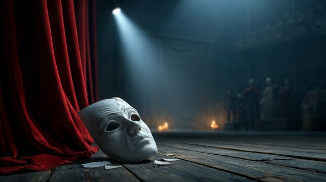 White mask rests on wooden stage beside red curtain. Spotlight illuminates mask, casting deep shadows around. Distant figures stand silent, bathed in dim, warm glow. Stage feels abandoned