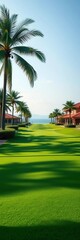 Fototapeta premium Lush green fairway stretches towards horizon, surrounded by luxury villas, real estate, urban retreat