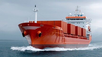 Fototapeta premium Red cargo ship sails through choppy waters. Cloudy sky looms above the ocean. White superstructure contrasts with bold hull color. Ship moves forward, leaving a wake behind