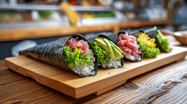 japanese temaki hand rolls cone shaped sushi delicacy