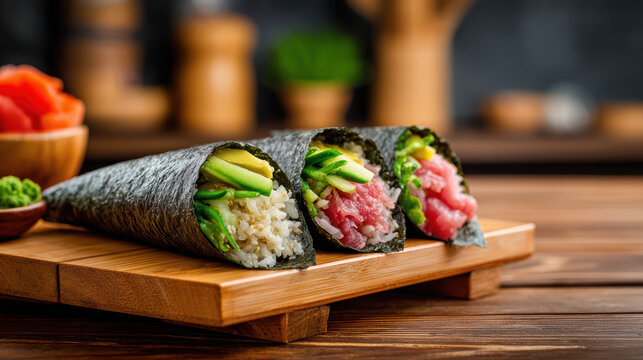 japanese temaki hand rolls cone shaped sushi delicacy