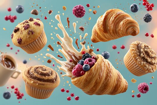 Floating bakery breakfast items with croissants, muffins and cinnamon rolls surrounded by coffee splashes and scattered berries, warm morning tones, photorealistic details