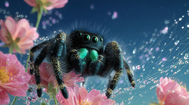 Glowing neon jumping spider covered in sparkling dew drops with vibrant blue and pink lighting for surreal macro photography, futuristic wallpapers and fantasy nature concepts