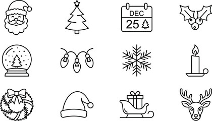 Christmas and winter holiday line icon set featuring santa claus tree calendar snowflake reindeer and gift symbols © Lipon