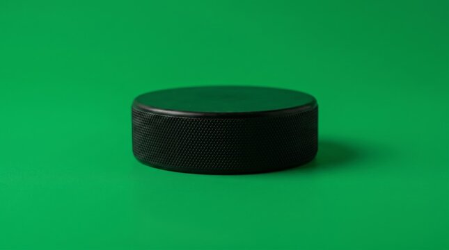 Black hockey puck close up on a green background with copy space. Concept sport, equipment, game, advertising, banner, fitness, branding, retail, and event promotion. Generative AI