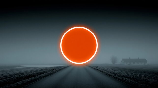 Dark road stretches ahead, glowing orange circle looms. Fog veils distant house, adding mystery to scene. Silent, surreal moment feels both calm and awe-inspiring. Perfect for dreamy, futuristic