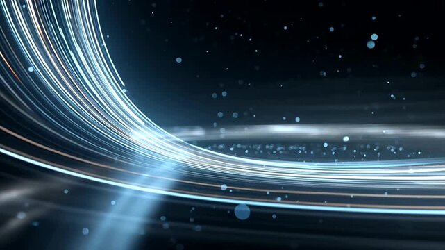 Abstract streaks of light curve through a dark, speckled expanse, creating a sense of motion