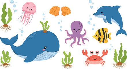 Cute cartoon sea creatures vector illustration set featuring whale dolphin octopus jellyfish crab fish and underwater plants © Lipon