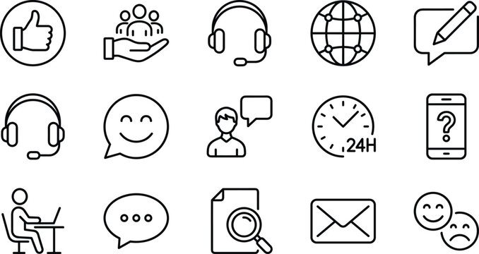 Customer service and support line icon set with headset chat message operator feedback global communication symbols