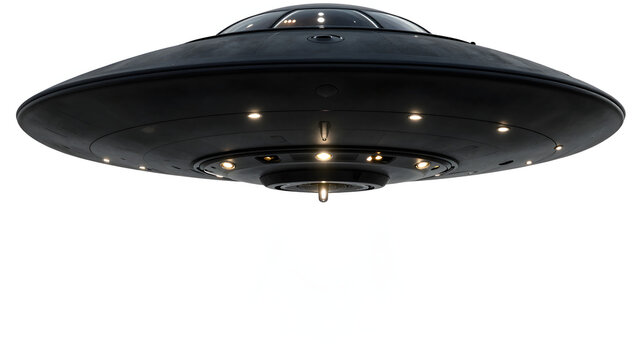 Alien Spaceship Hovering: A mysterious, dark-colored unidentified flying object hovers silently, its exterior lights casting an eerie glow.
