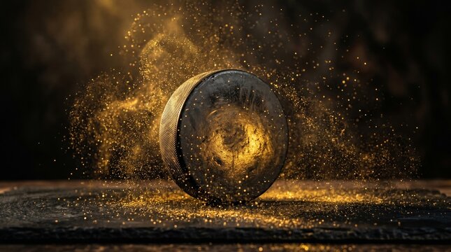 Black hockey puck exploding through golden dust on a dark rink surface. Concept sport, energy, competition, victory, advertising, game branding, event promotion, dynamic background. Generative AI