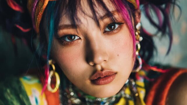 Extreme close-up of a stylish young woman with colorful dyed hair and bold makeup opening her eyes