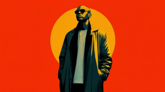 Stylish animated man in a trench coat and sunglasses posing against a vibrant background