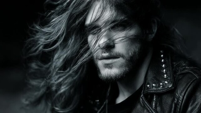 Young handsome man in a studded leather jacket with long hair blowing in the wind on a dark background