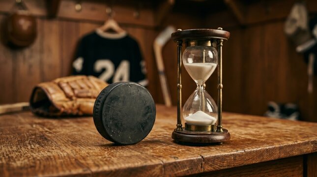 Vintage hourglass and hockey puck sit on a wooden locker room bench with blurred gear behind. Concept sport, timing, training, nostalgia, competition, deadline, advertising, editorial. Generative AI