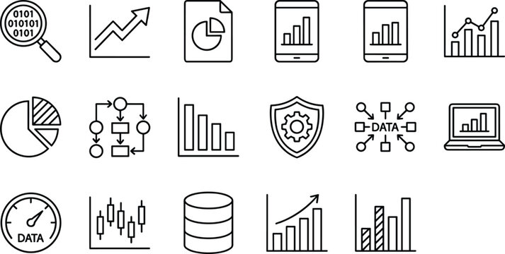 Data science and business analytics line icon set featuring financial charts graphs database processing and security symbols