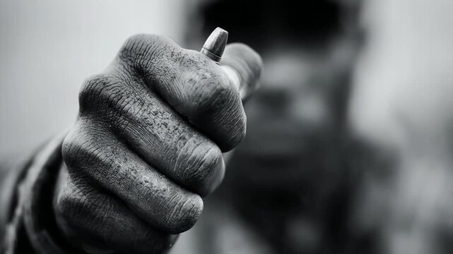 Black and white macro shot of a rough male hand slowly closing around a single bullet