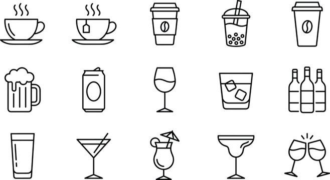 Drinks and beverages line icon set featuring coffee tea bubble tea cocktails beer wine and bar symbols