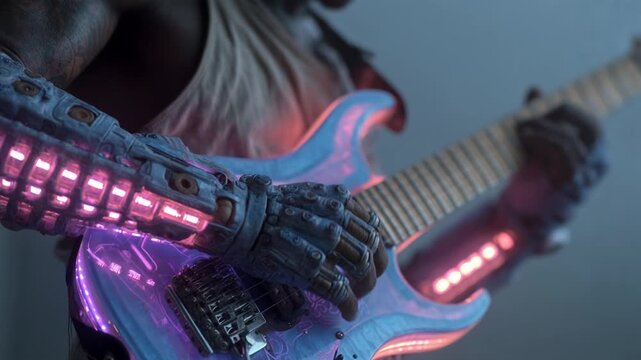 Musician with a prosthetic arm playing a futuristic electric guitar with neon lights