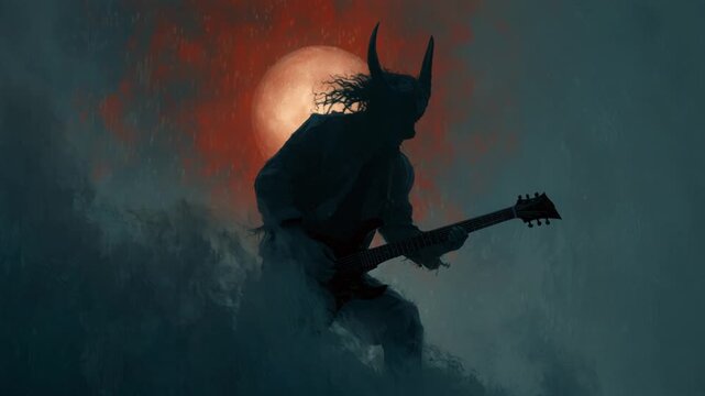 Evil horned figure playing electric guitar solo in front of a blood moon on a dark, misty night