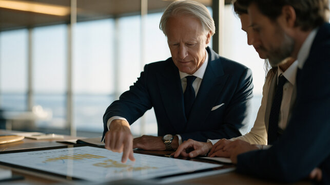 Waterfall chart breakdown across department budgets rendered on a touchscreen surface table, CFO collaborating with two division heads reviewing surplus and deficit columns in a glass-walled executi