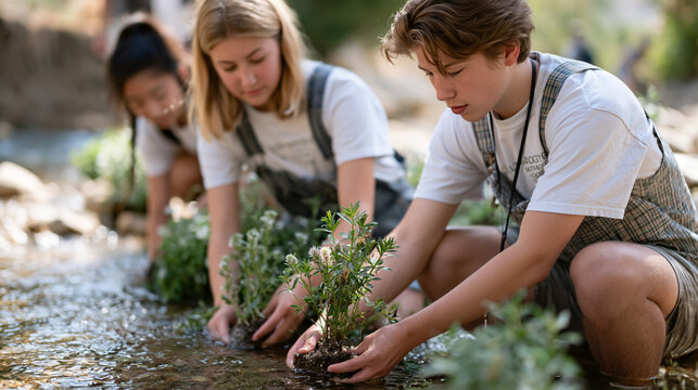Student volunteers at a summer service requirement site plant native wildflowers along a creek bank, wading in shallow water while a biology instructor identifies plant species from a laminated fiel