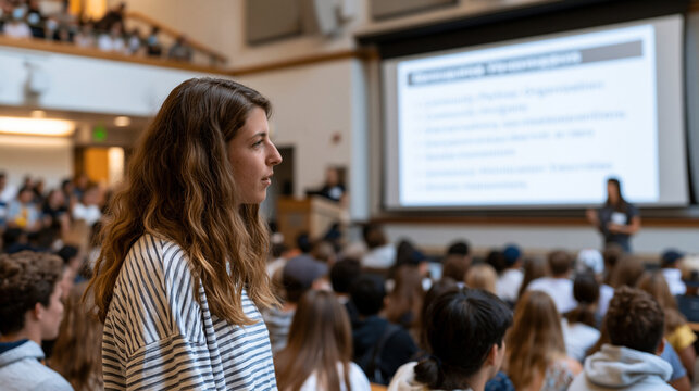 Student volunteer requirement orientation, a university auditorium packed with incoming freshmen listening to a service learning coordinator presenting on a large projected screen showing community 