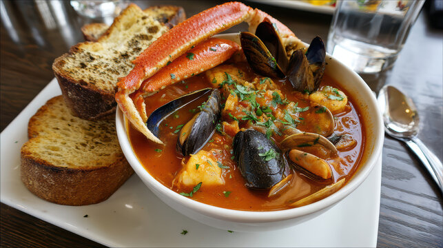 bowl of cioppino with seafood in tomato broth