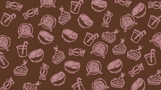Sweet treats scattered across a warm brown background. Hand-drawn desserts, candies, and drinks in simple outlines. Playful, nostalgic vibe appeals to food lovers. Perfect for packaging, menus
