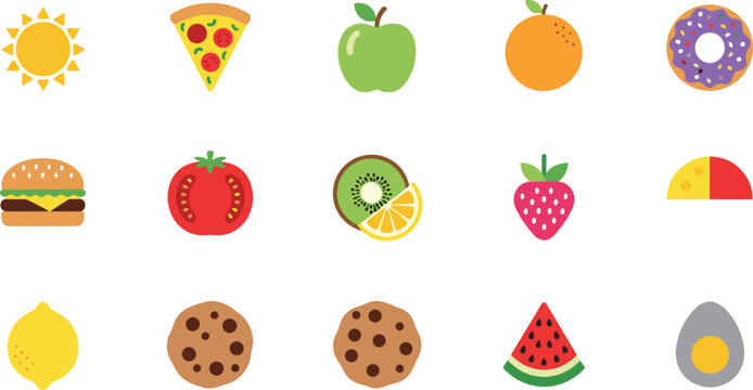 Flat food icon set featuring fresh fruits pizza hamburger cookies and colorful snacks for kids education designs