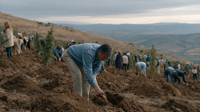 Outdoor volunteer reforestation site on a hillside near a mid-size American city, two dozen adults of varying ages planting native trees in organized rows, soil mounded at each hole, an overcast dra