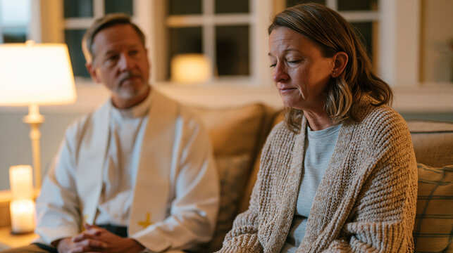 Palliative care chaplain sits beside grieving adult daughter in hospital family lounge, soft candlelit lamp beside couch, spiritual care and end-of-life bereavement support shown through quiet prese
