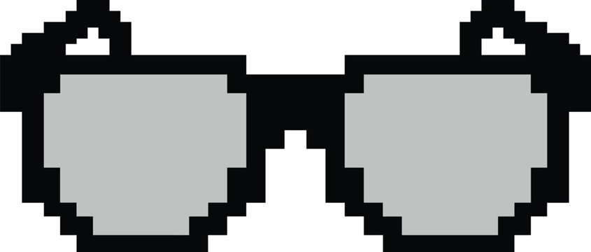 Retro Pixel Art Sunglasses Icon with Gray Lenses and Black Frames Isolated on White Background for Gaming and Digital Art