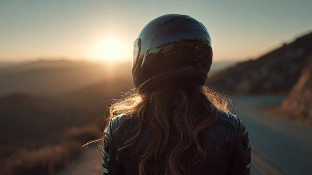 Back view of a motorcyclist woman  on a mountain road at sunset. Concept of World Motorcyclist Day and moto trips.