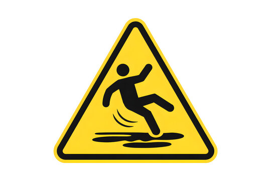 Slippery floor caution warning sign, yellow triangle wet surface hazard symbol, falling person safety icon, workplace accident prevention, public area risk alert, cleaning danger notice illustration