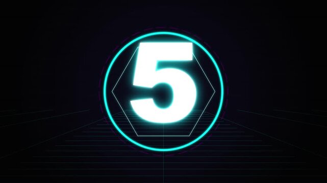 Futuristic neon retro countdown timer with glowing numbers on dark grid floor background